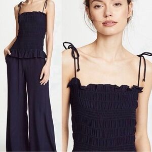 $428 NWT Tory Burch Large Costa 100% Silk Smocked Jumpsuit Navy Blue Sleeveless